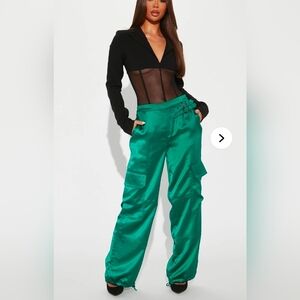 FASHION NOVA Leave It To Me Green Satin Wide Leg Jogger Style Slouch Cargo Pants